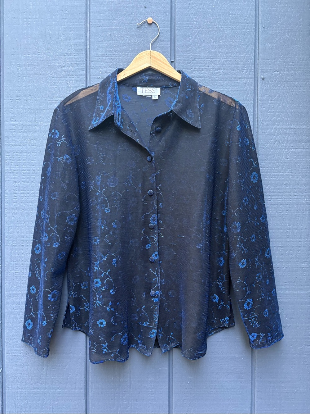 Vintage Sheer Button-Up Blouse in metallic blue Floral Sz L